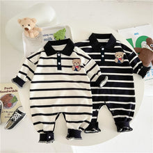 Load image into Gallery viewer, AL679559167635LS-Gentleman's lapel bear print striped romper