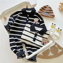 Load image into Gallery viewer, AL679559167635LS-Gentleman's lapel bear print striped romper