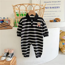 Load image into Gallery viewer, AL679559167635LS-Gentleman's lapel bear print striped romper