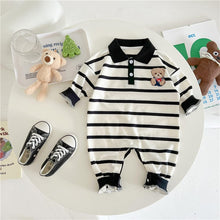Load image into Gallery viewer, AL679559167635LS-Gentleman's lapel bear print striped romper