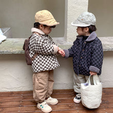 Load image into Gallery viewer, D91302SE-Autumn and winter fur collar checkerboard long sleeve thick coat