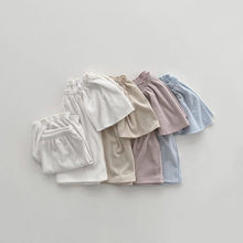 Load image into Gallery viewer, Y8314JG-Summer Korean soft waxy lotus leaf sleeve top + flower bud shorts + hairband three-piece set (pre-order 10 days delivery)