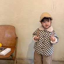 Load image into Gallery viewer, D91302SE-Autumn and winter fur collar checkerboard long sleeve thick coat