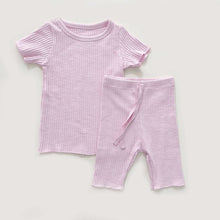 將圖片載入圖庫檢視器 2312JG-夏季捲邊坑條糖果色短袖上衣+短褲家居兩件套