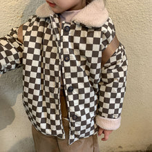 Load image into Gallery viewer, D91302SE-Autumn and winter fur collar checkerboard long sleeve thick coat