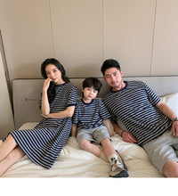 Load image into Gallery viewer, 22B013PCW- Korean parent-child summer striped short-sleeved T-shirt family of three or four pure cotton mother and daughter long skirt family wear trendy