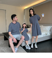 Load image into Gallery viewer, 22B013PCW- Korean parent-child summer striped short-sleeved T-shirt family of three or four pure cotton mother and daughter long skirt family wear trendy