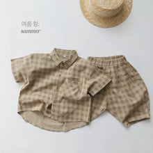 Load image into Gallery viewer, 1133SE-Korean ramie plaid shirt summer Korean children's plaid shirt short sleeves boys and girls casual thin cardigan half sleeves
