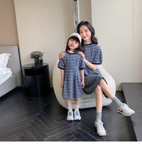 Load image into Gallery viewer, 22B013PCW- Korean parent-child summer striped short-sleeved T-shirt family of three or four pure cotton mother and daughter long skirt family wear trendy