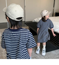 Load image into Gallery viewer, 22B013PCW- Korean parent-child summer striped short-sleeved T-shirt family of three or four pure cotton mother and daughter long skirt family wear trendy