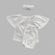 Load image into Gallery viewer, Y8314JG-Summer Korean soft waxy lotus leaf sleeve top + flower bud shorts + hairband three-piece set (pre-order 10 days delivery)