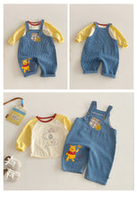 Load image into Gallery viewer, ZCK6171LS-春季維尼刺繡背帶長褲&amp;韓版拼袖上衣
