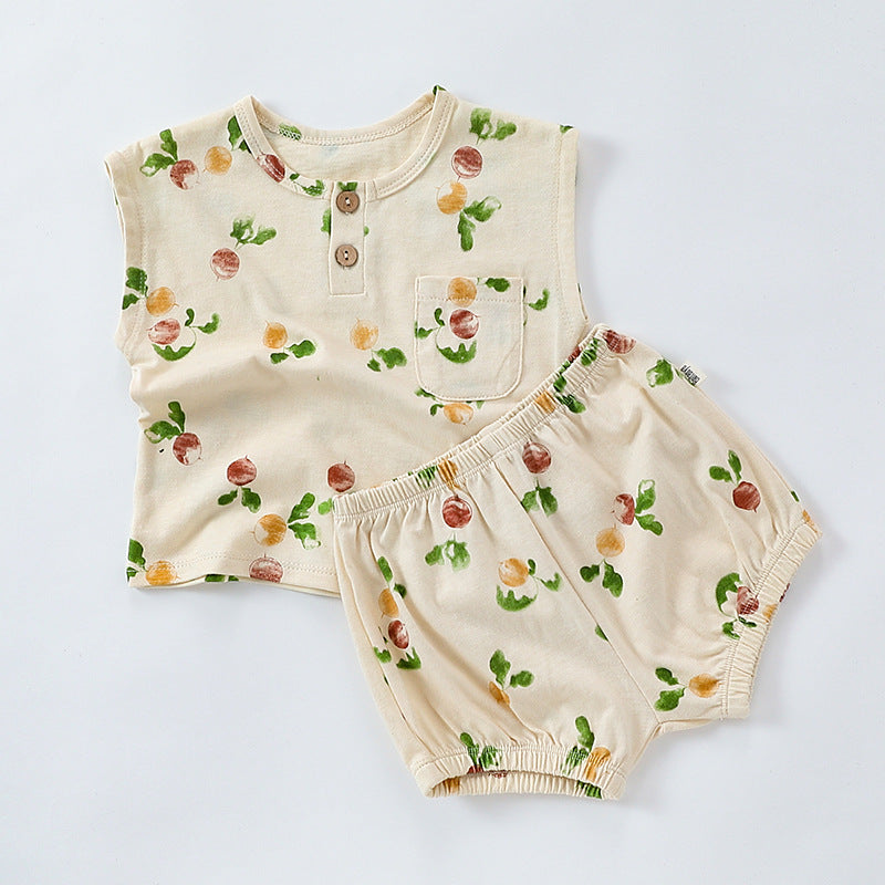 D24329TG-Summer Nordic style pure cotton sleeveless children's printed two-piece suit 