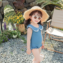 Load image into Gallery viewer, 2311LS-Girls&#39; gray-blue one-piece swimsuit + swimming cap set 
