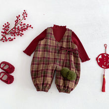 將圖片載入圖庫檢視器 ZDK5616LS-冬季格子加厚夾棉背帶連體褲&amp;針織上衣
