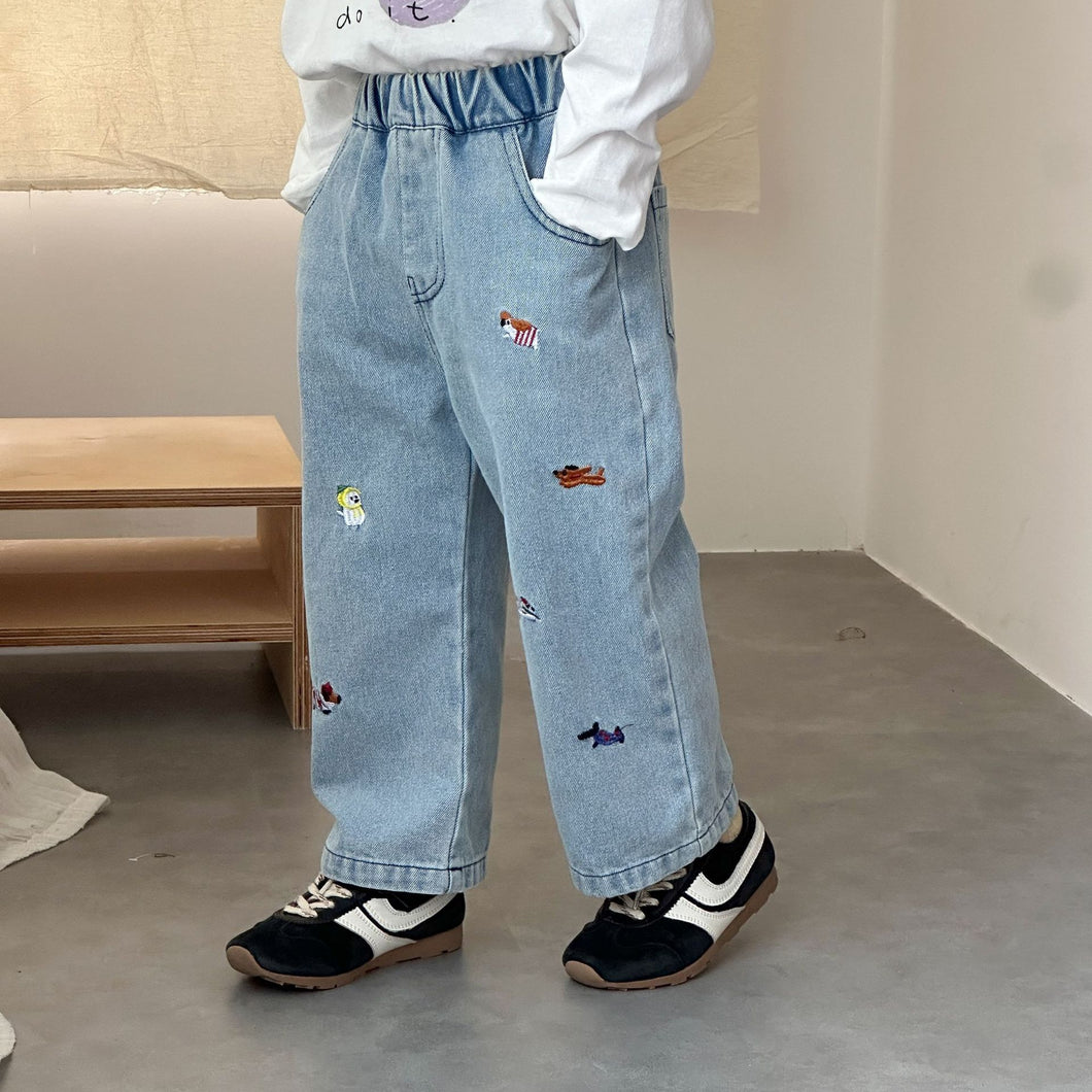 QK250621PA-秋季兒童刺繡牛仔長褲