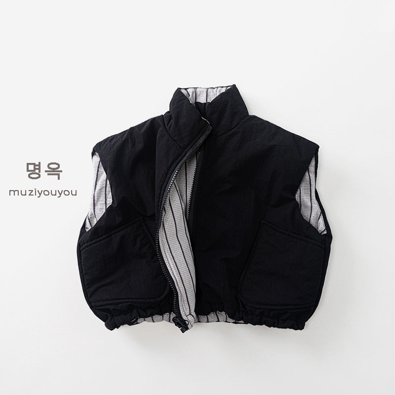 25226SE-冬季韓版個性兩面穿夾棉拉鍊馬甲背心