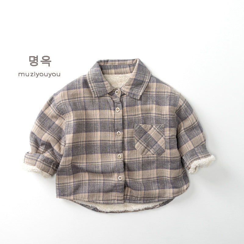 25235SE-秋冬季韓版格子加絨保暖襯衫外套