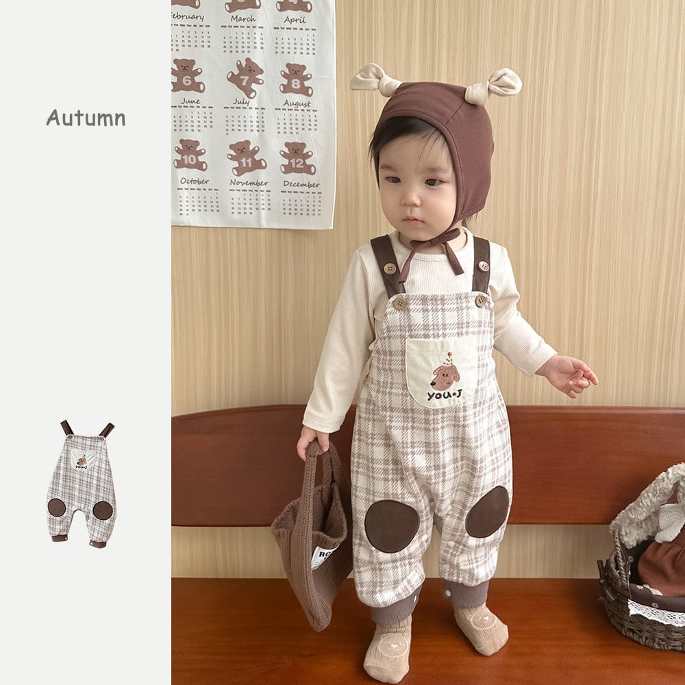 2303021LS-Plaid cartoon puppy baby sleeveless overalls