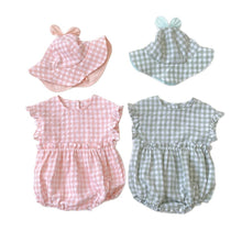 Load image into Gallery viewer, Y9551LS-Summer Girls&#39; Lotus Sleeve Plaid Bodysuit + Sun Hat 
