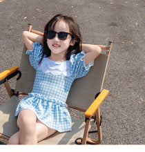 Load image into Gallery viewer, 7126LS-Baby Girls Cartoon Cute Plaid One-Piece Swimsuit + Swimming Cap 
