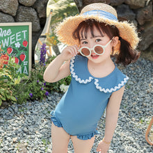 Load image into Gallery viewer, 2311LS-Girls&#39; gray-blue one-piece swimsuit + swimming cap set 
