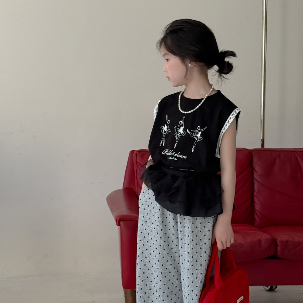 2025X33TG-Summer sleeveless ballet print top + polka dot trousers two-piece set