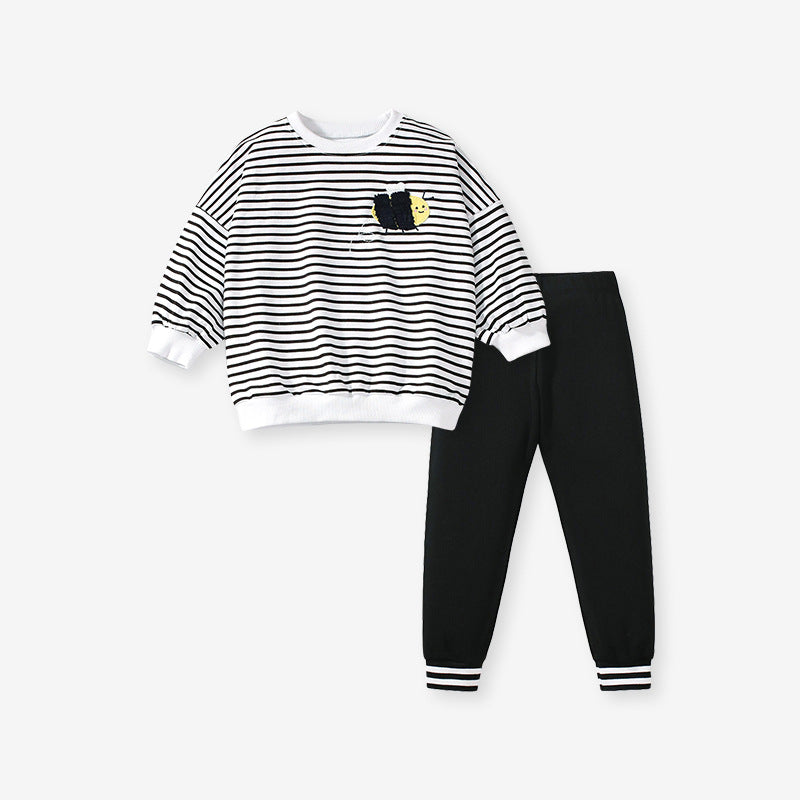 G20065TG-Autumn European and American striped long-sleeved cute bee top + trousers children's suit 