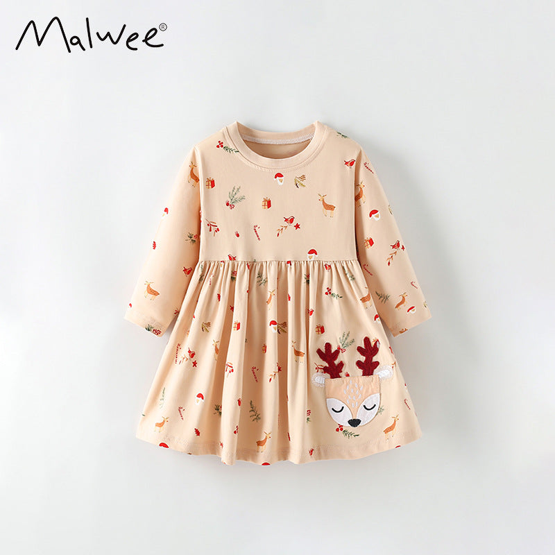 9806LS-Malwee秋冬歐美聖誕滿版麋鹿口袋圓領長袖連衣裙