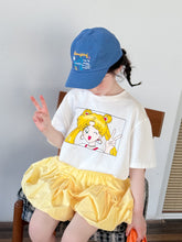 Load image into Gallery viewer, 2025X70TG-Summer Girls Korean Round Neck Casual Short Sleeve Cartoon Top + Solid Color Bubble Wide Leg Shorts 
