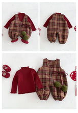 將圖片載入圖庫檢視器 ZDK5616LS-冬季格子加厚夾棉背帶連體褲&amp;針織上衣
