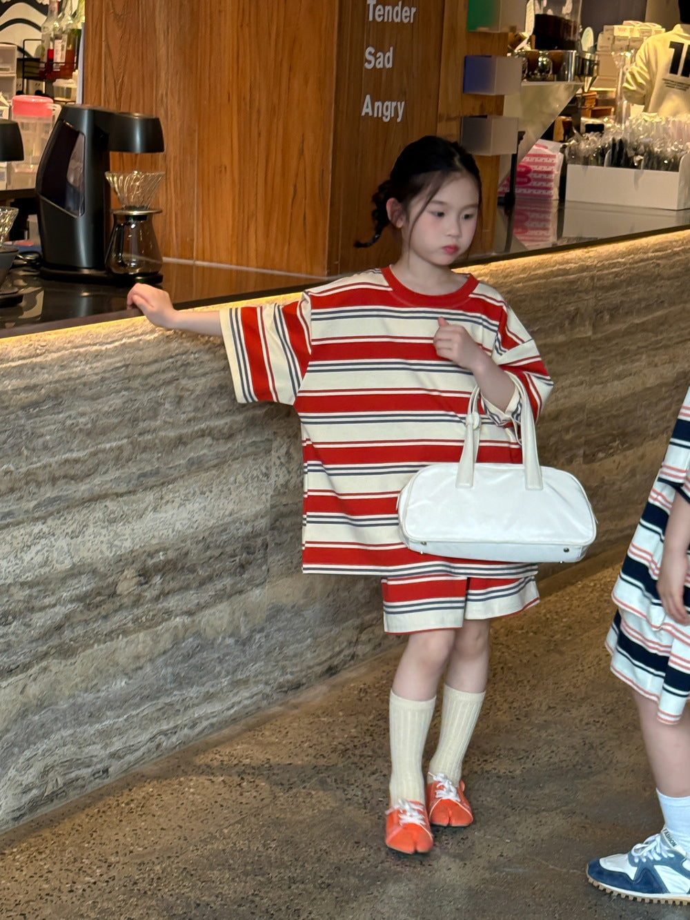 2025X130TG-Summer Korean version of boys and girls letter striped short-sleeved shorts two-piece suit 