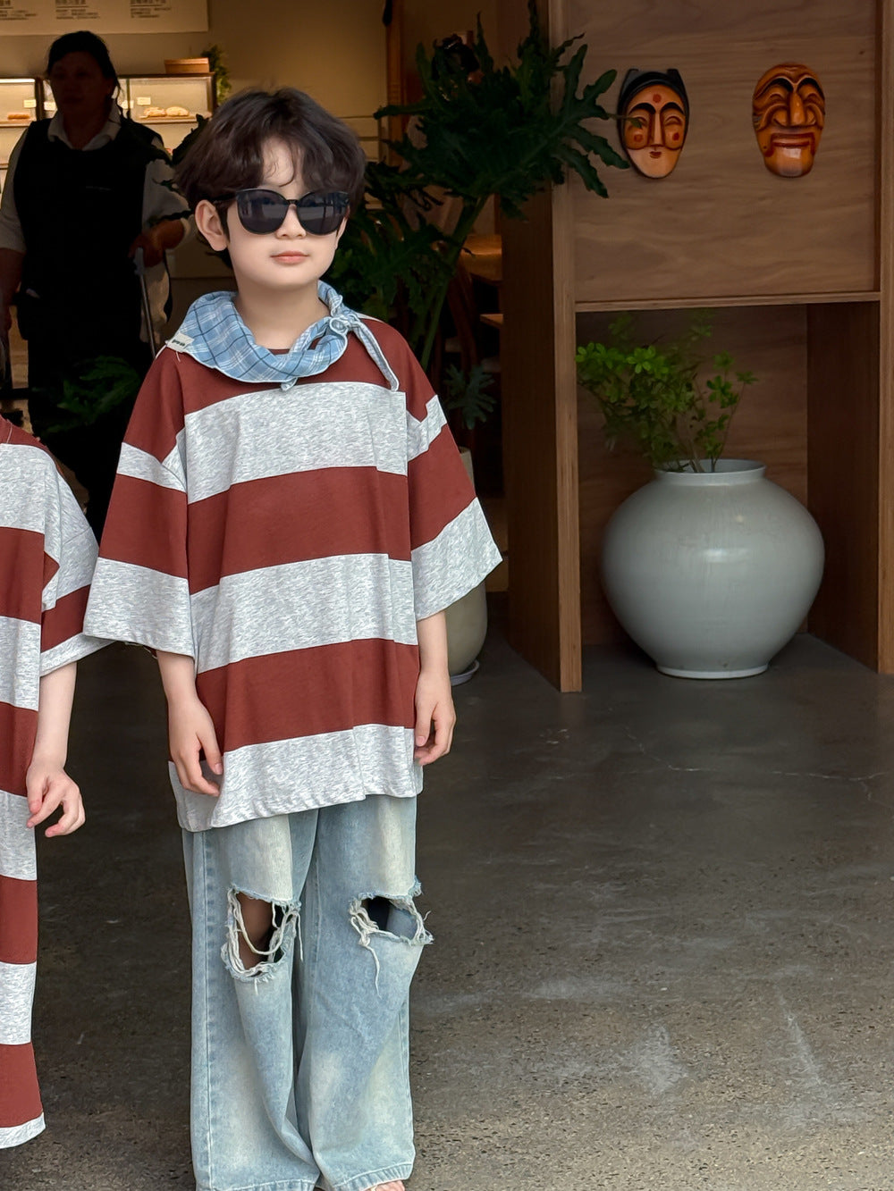 2025X127SE-Summer Korean version of wide striped casual short-sleeved brother and sister clothes for boys and girls 