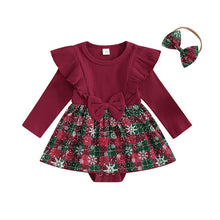 Load image into Gallery viewer, 21689LS-Autumn and winter girls&#39; ruffled Christmas print patchwork plaid skirt
