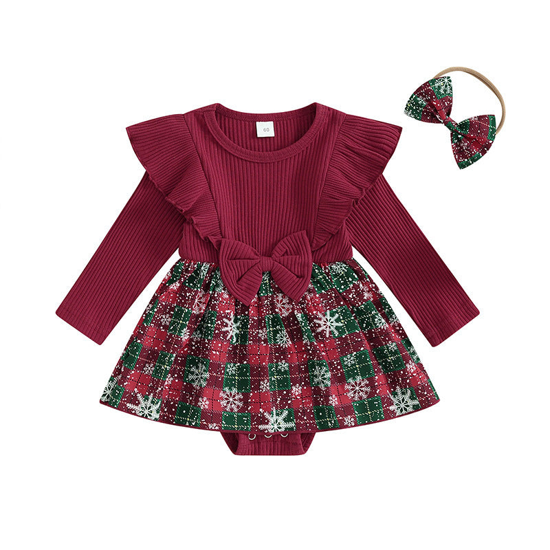 21689LS-Autumn and winter girls' ruffled Christmas print patchwork plaid skirt