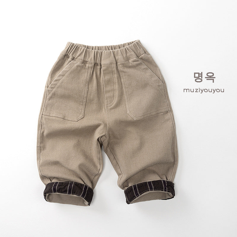 25220PA-冬季韓版拼色刷絨休閒長褲