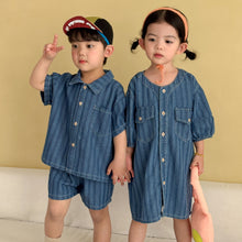 將圖片載入圖庫檢視器 XZ260936TG-夏季｜牛仔條紋｜兄妹套裝
