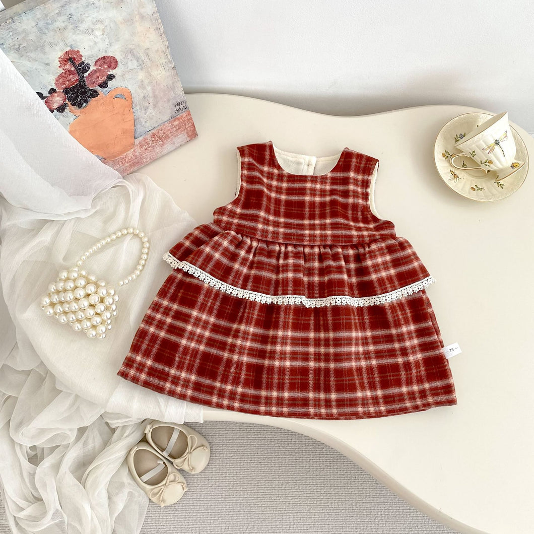 H10653LS-冬季加絨格子背心裙&刷絨上衣