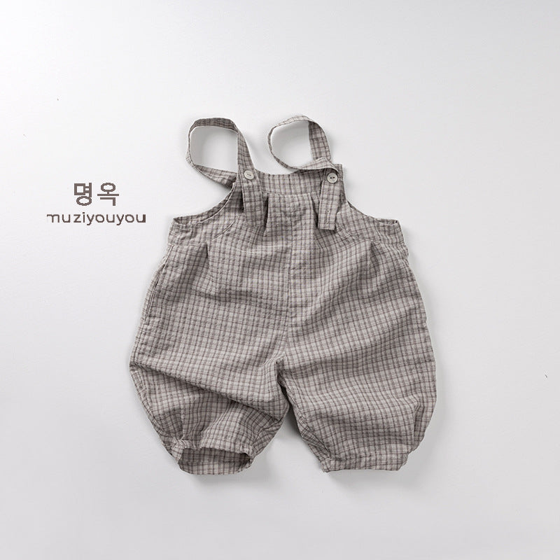 25115LS-夏季薄款韓版格紋條紋背帶褲