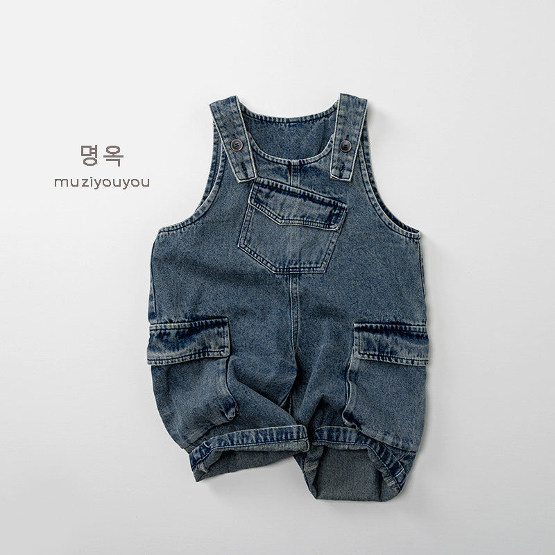25193LS-秋季棉質兒童牛仔背帶褲