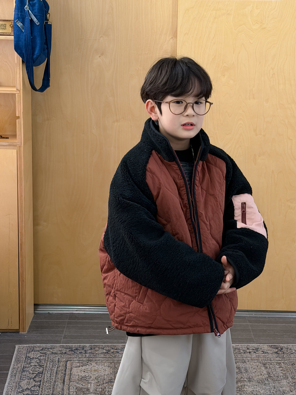 2025D221SE-冬季韓版菱形壓紋拼接袖保暖外套