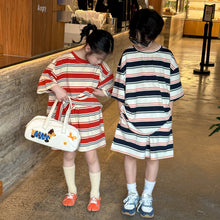 Load image into Gallery viewer, 2025X130TG-Summer Korean version of boys and girls letter striped short-sleeved shorts two-piece suit 
