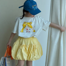 Load image into Gallery viewer, 2025X70TG-Summer Girls Korean Round Neck Casual Short Sleeve Cartoon Top + Solid Color Bubble Wide Leg Shorts 
