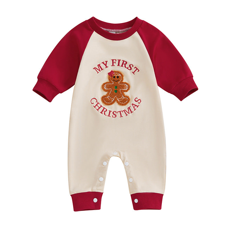 JQ-1957LS-秋冬歐美嬰幼兒毛巾繡花拼袖連體長袖爬服