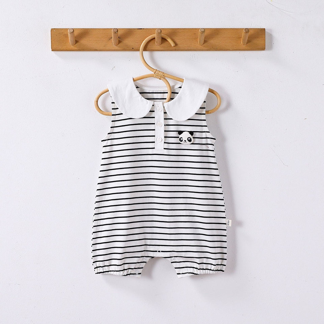 D25102LS-夏裝超萌背心熊貓耳朵條紋爬服