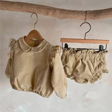 Load image into Gallery viewer, Y8401TG-Spring baby collar flying sleeve cotton corduroy top + flower bud pants set 
