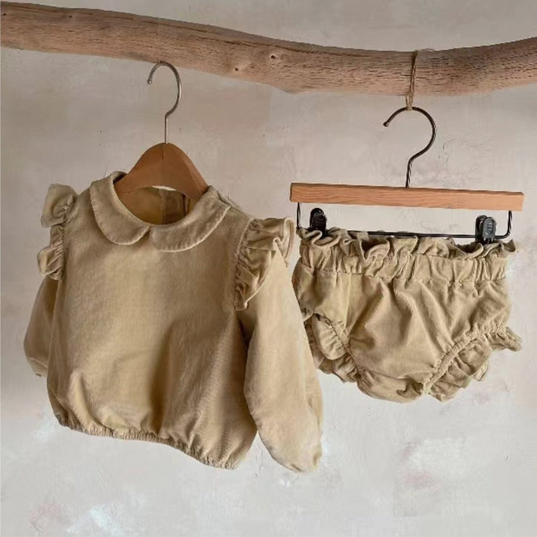 Y8401TG-Spring baby collar flying sleeve cotton corduroy top + flower bud pants set 
