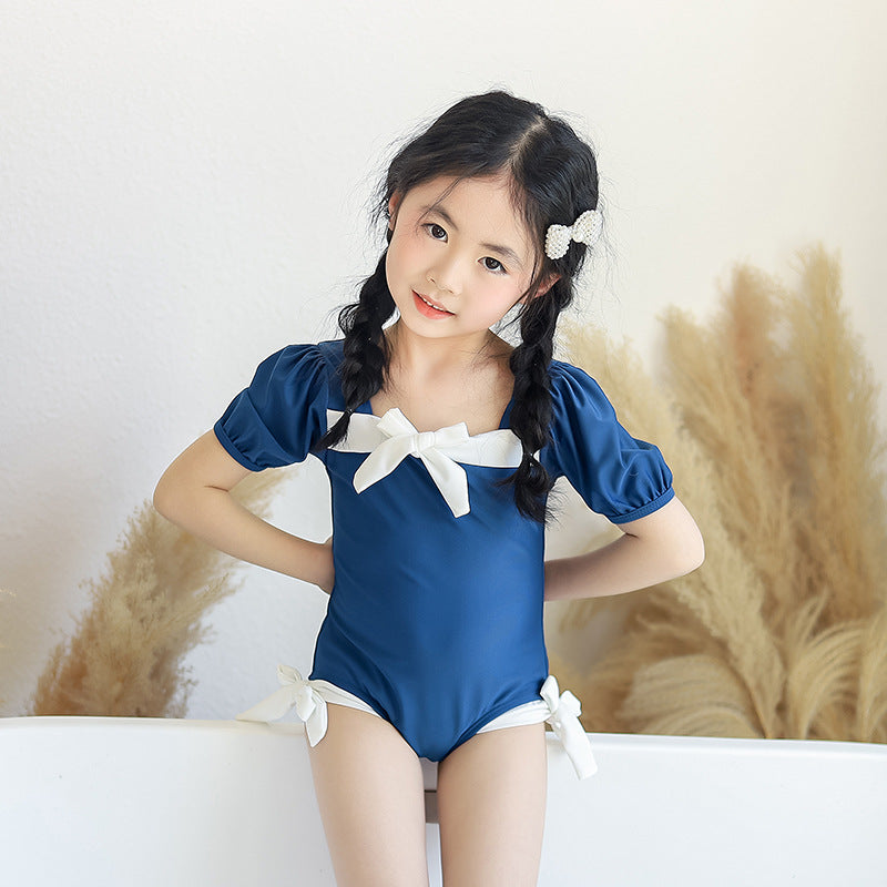 2210LS-夏季女孩可愛泡泡袖兒童泳衣+泳帽