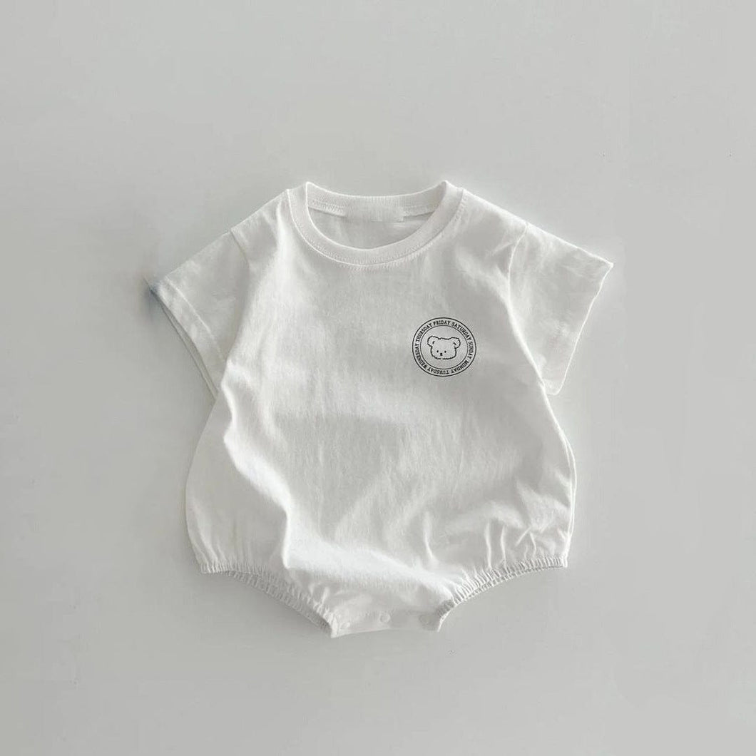 Y9370LS-Summer Fashion Line Drawing Bear Letter Print Short Sleeve Bodysuit