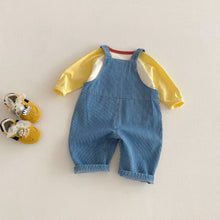 Load image into Gallery viewer, ZCK6171LS-春季維尼刺繡背帶長褲&amp;韓版拼袖上衣
